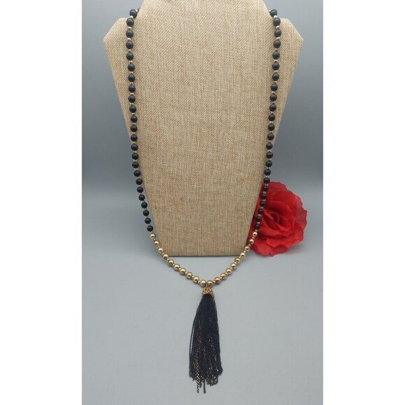 Charming Charlie Gold Tone & Black Long Beaded Necklace Chain Tassel Pendant 34" - Picture 2 of 8